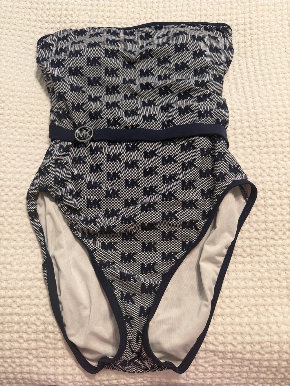 Michael Kors Navy and White Logo Strapless One-Piece Swimsuit